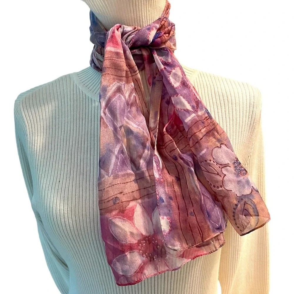 Vintage Cottagecore‎ Floral Scarf Pink Purple Sheer Quiet Luxury Capsule  13x58
